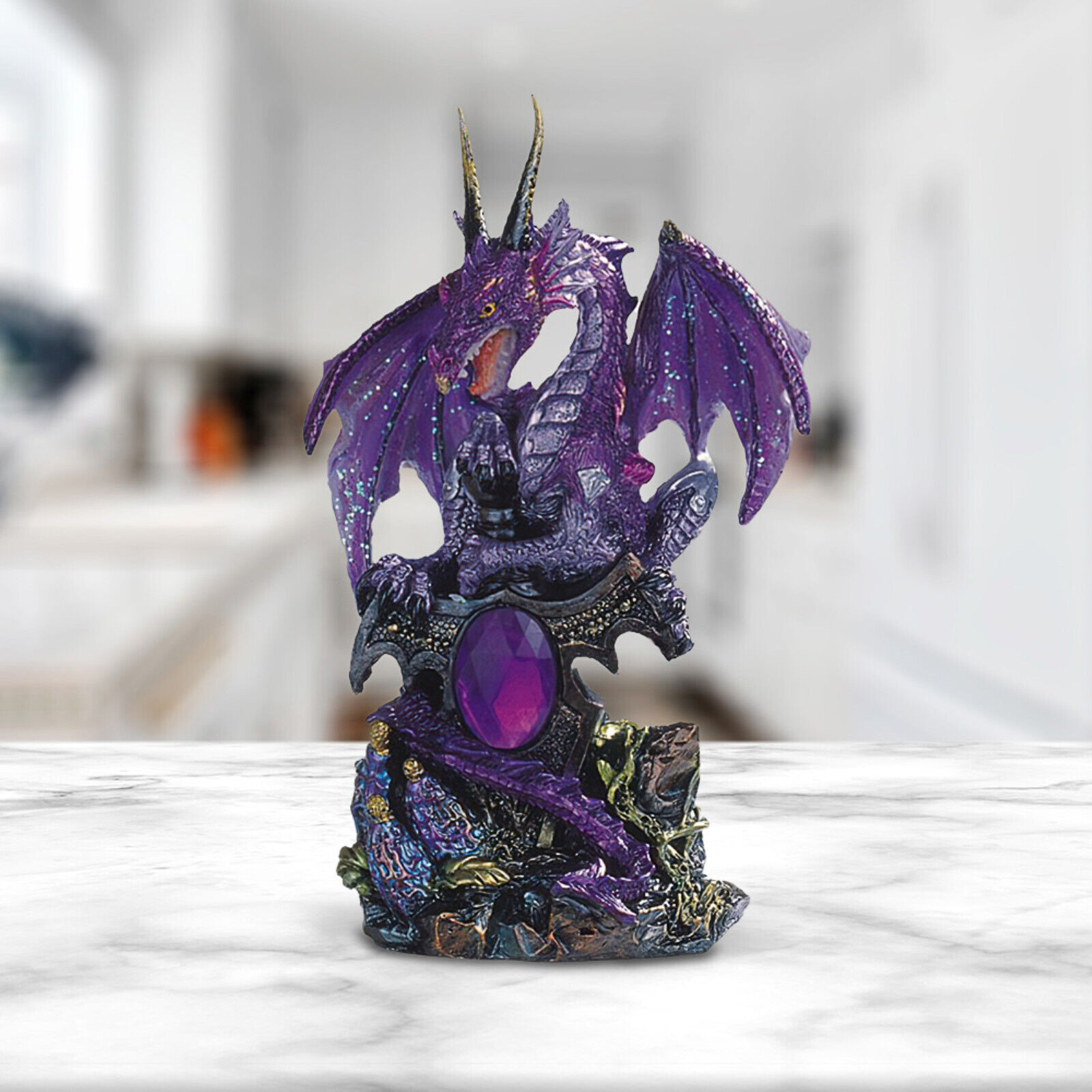 Medieval Purple Dragon w/ Gem Statue 6