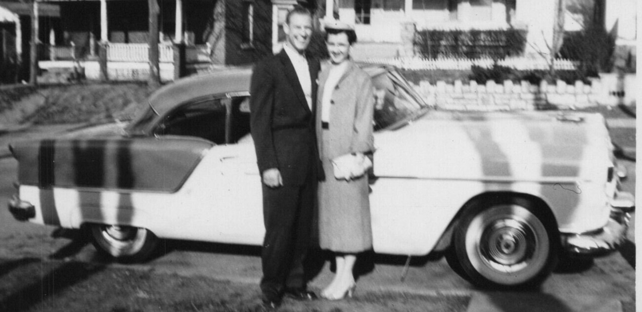 5C Photograph Slightly Blurry Handsome Man Pretty Woman Cool Old Car 1955