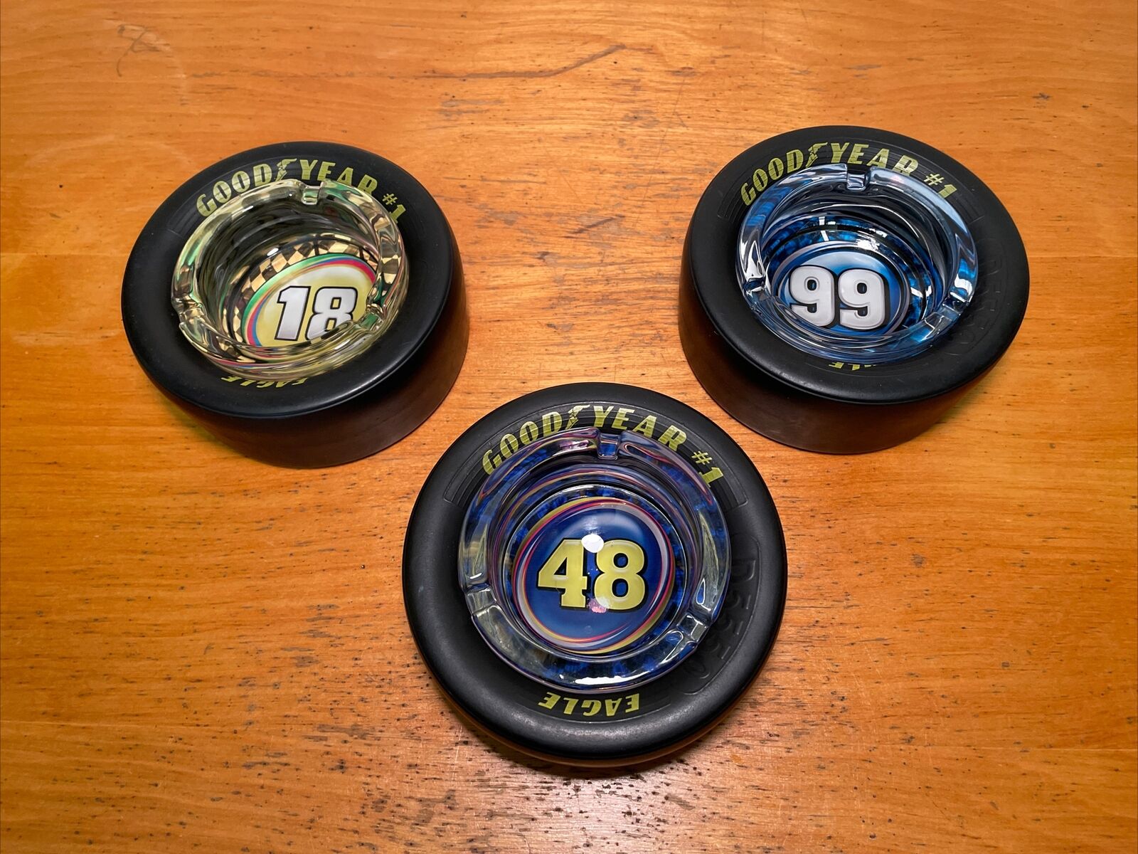 Goodyear Eagle Rubber Tire Nascar Racing Glass Insert  Ashtray FotoTire Set Of 3