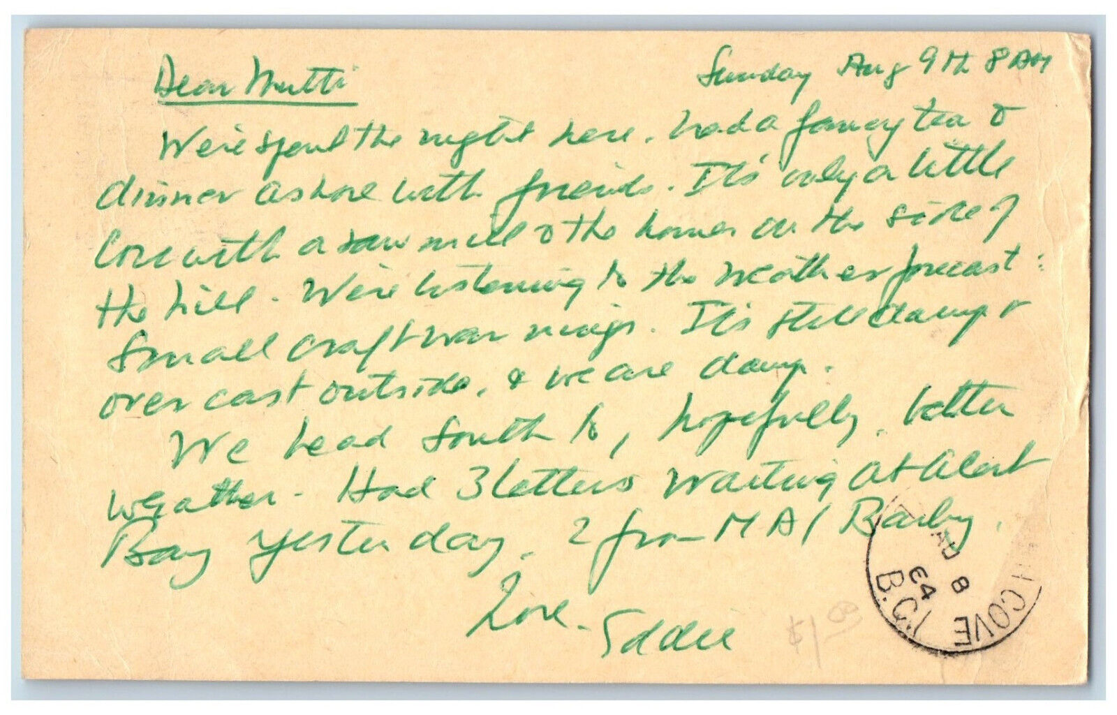 Telegraph Cove British Columbia Canada Postal Card WM Drechsset Letter 1964