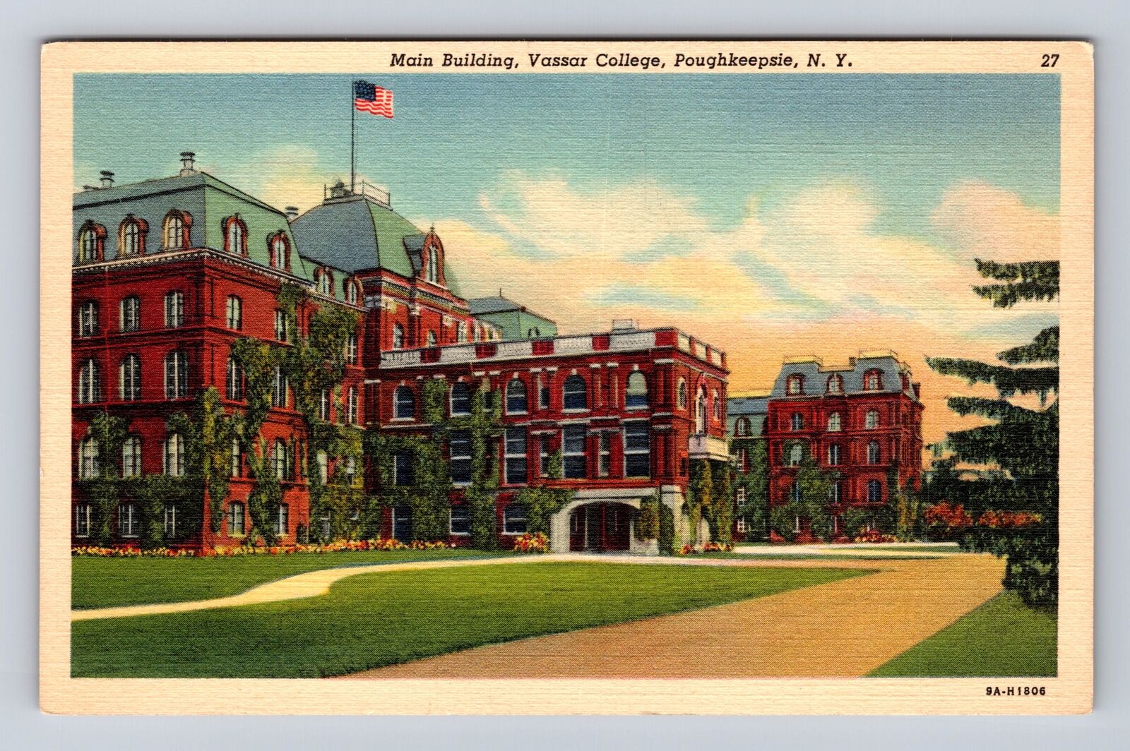 Poughkeepsie NY-New York, Vassar College Main Building, Antique Vintage Postcard