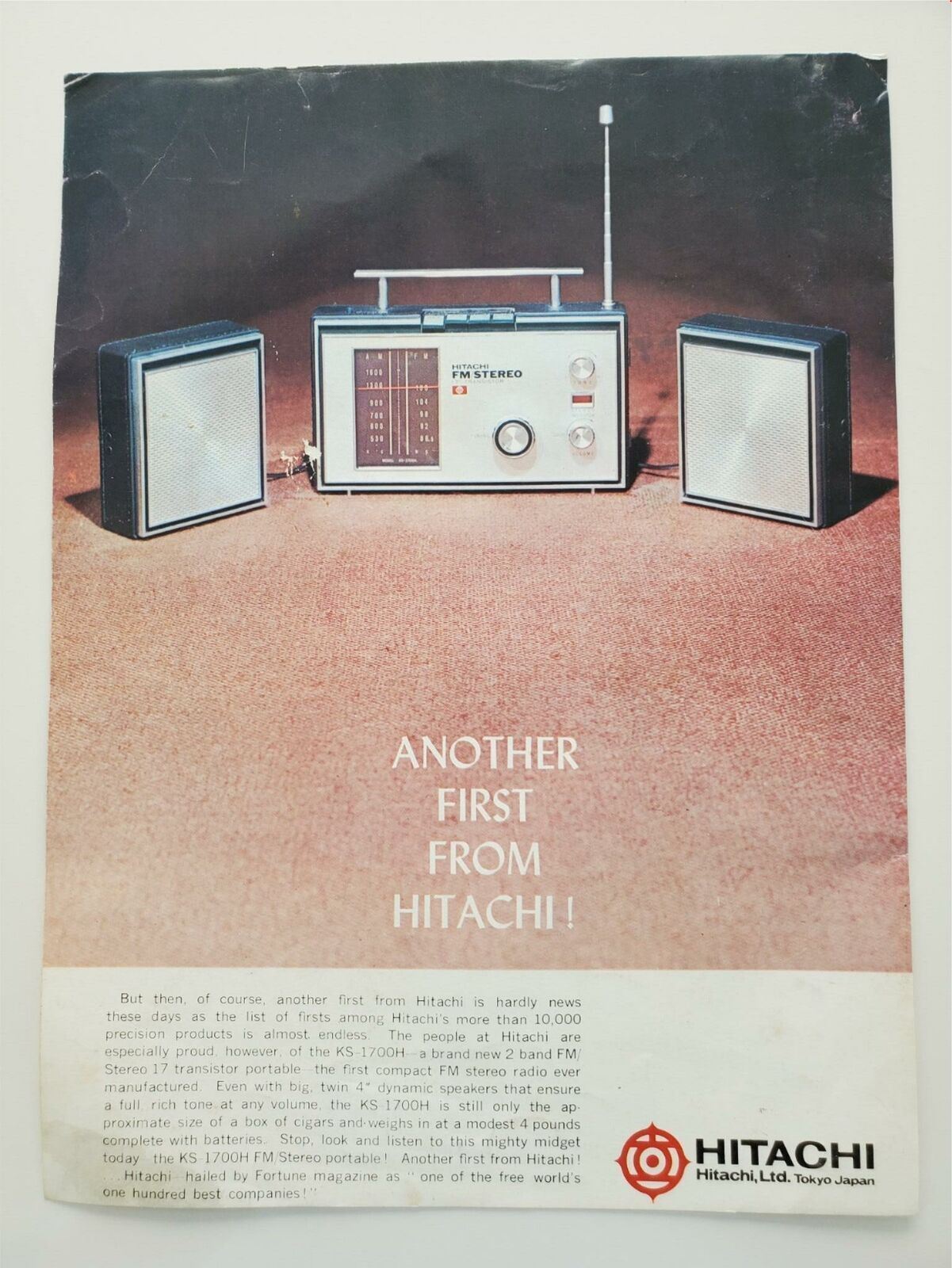 Hitachi KS-1700H 2 Band FM Stereo Radio Vintage print Ad 1968