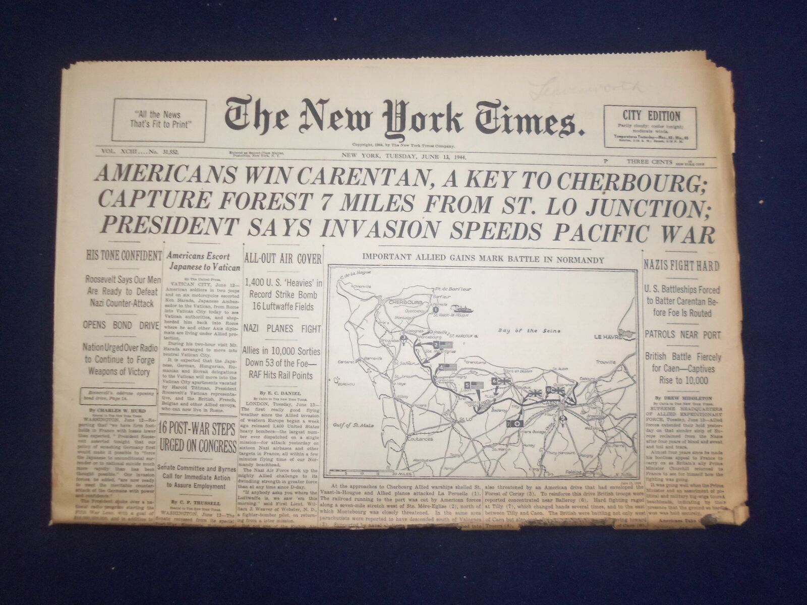 1944 JUNE 13 NEW YORK TIMES -AMERICANS WIN CARENTAN, A KEY TO CHERBOURG- NP 6566