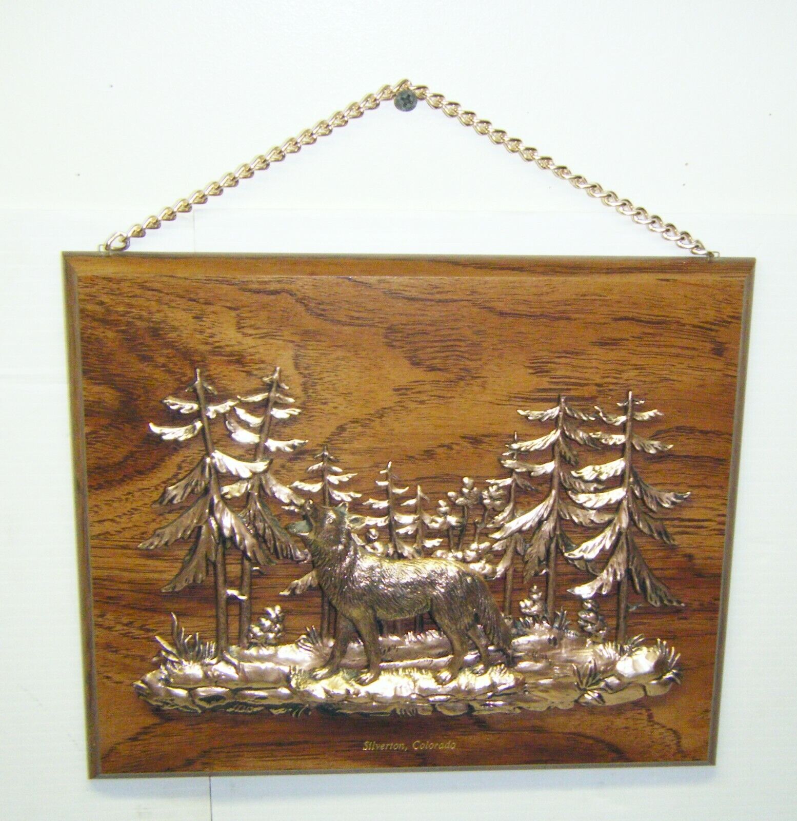Vintage Silverton, Colorado Raised Copper on Wood Wolf Scene Hanging