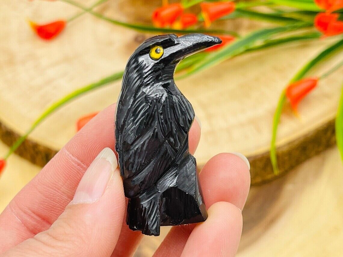 Black Onyx Raven Figurine, Crystal Animal Bird Carving, Standing Raven Statuette