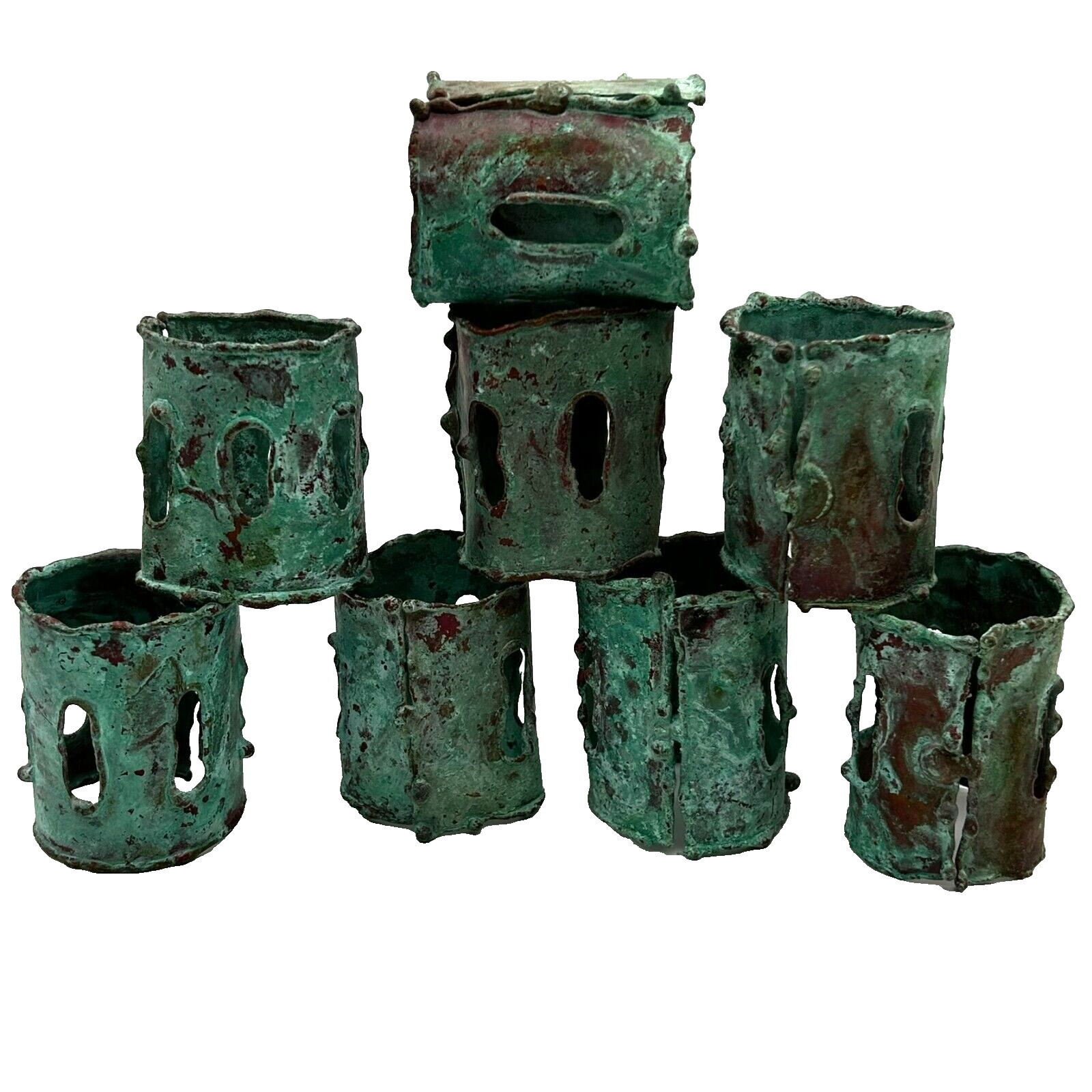 Artisan Handmade Rustic Cylindrical Patina Green Industrial Napkin Rings 8pc Set