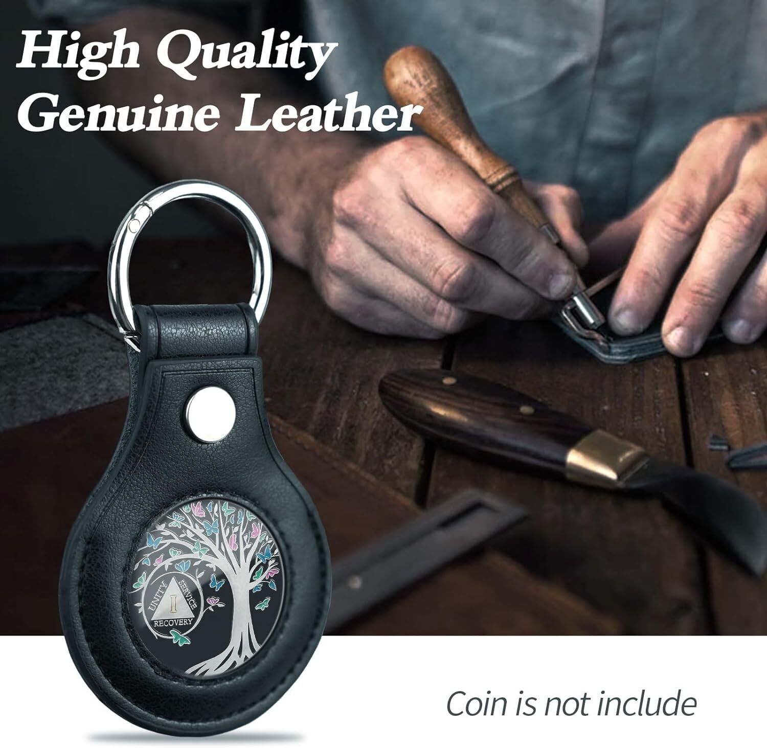 Genuine Leather Coin Holder Keychain for AA  Chip with Double Sides Display