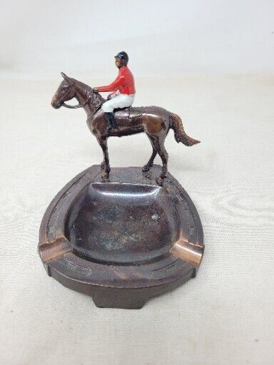 Jockey Riding Horse Horseshoe Ashtray Made in Occupied Japan Metal Bronze vtg