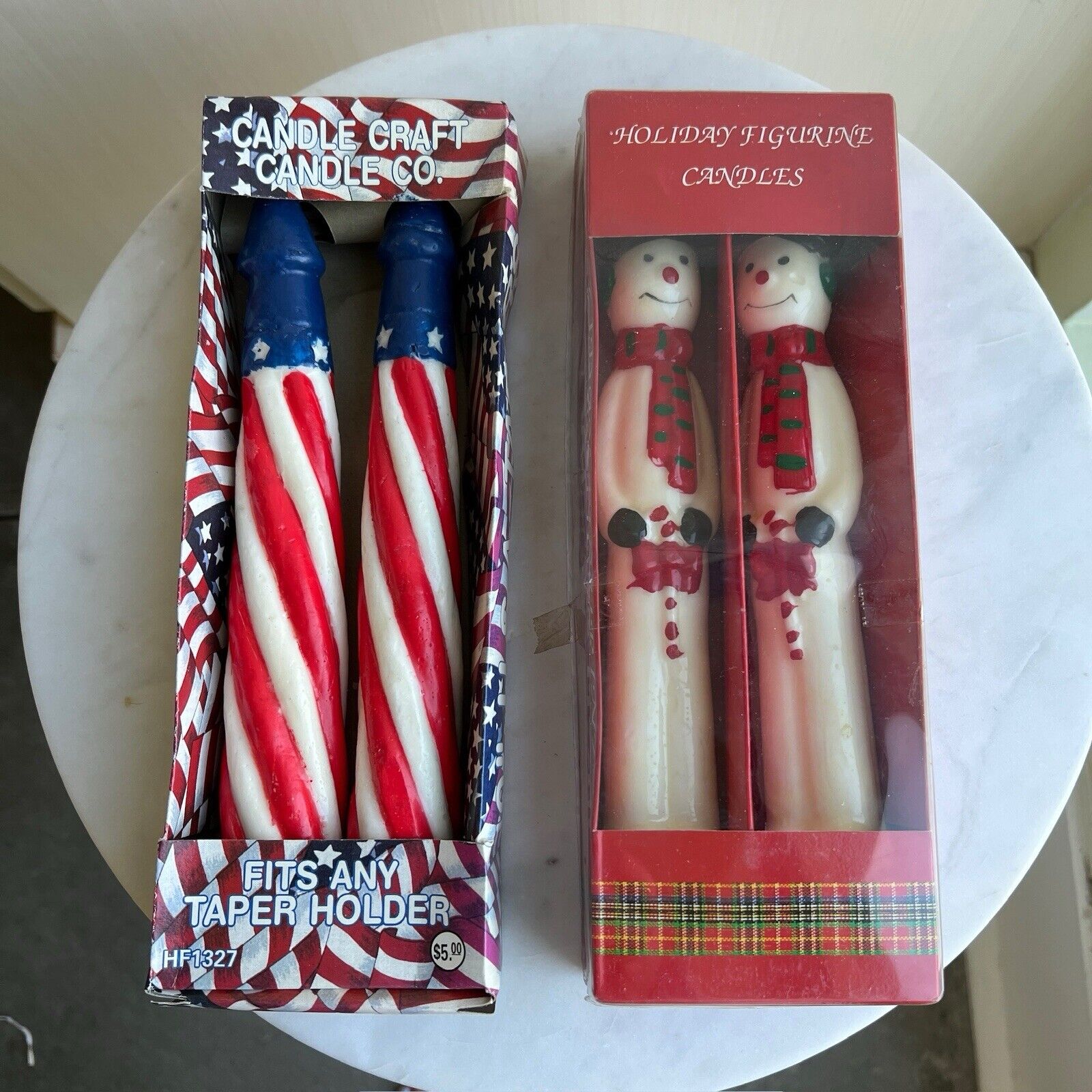 Vintage Lot of 4 10” Christmas Novelty Candles 2 Snowmen & 2 American Rockets