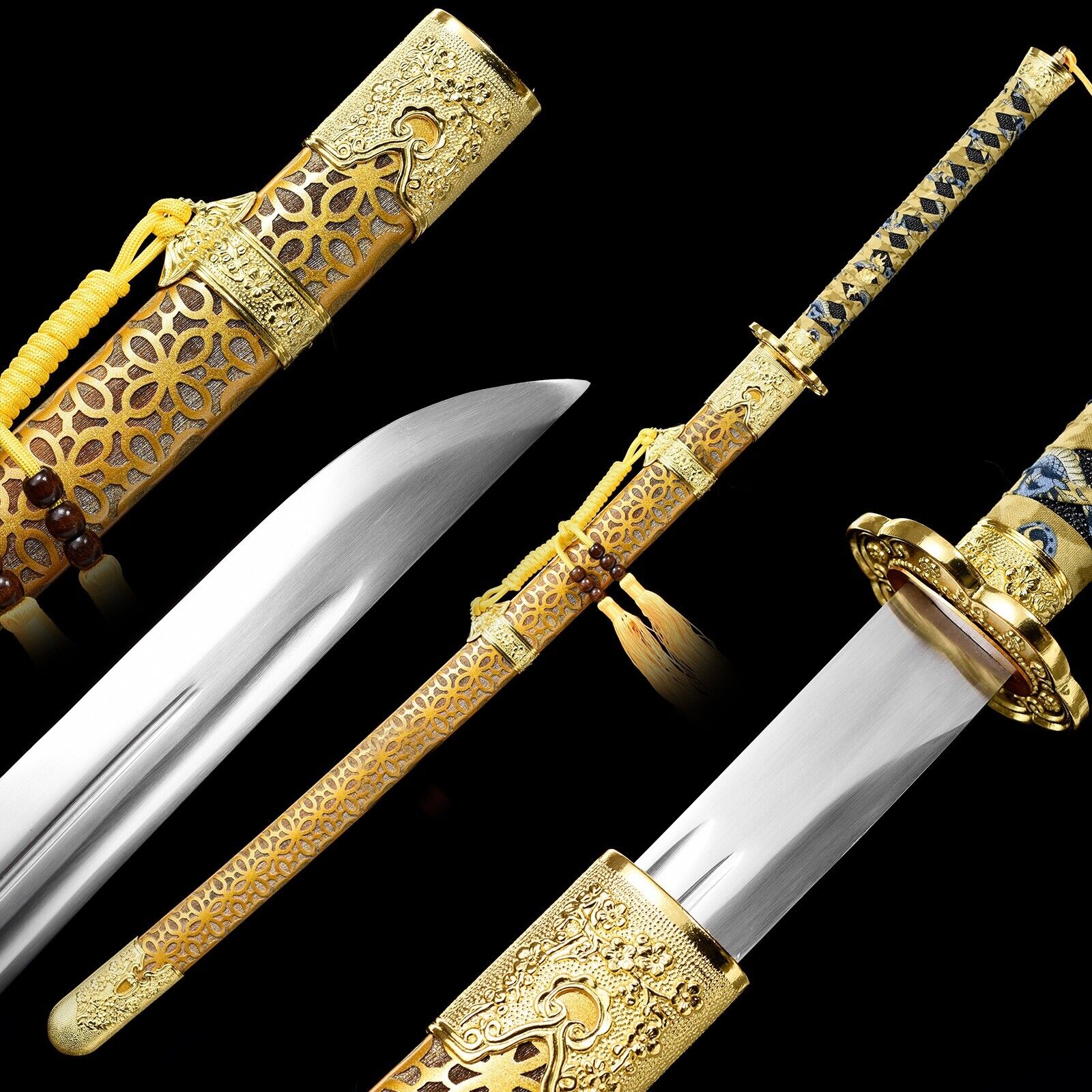 Handmade Gold Katana T10 Steel Full-tang Curved Sharp Japanese Samurai Sword