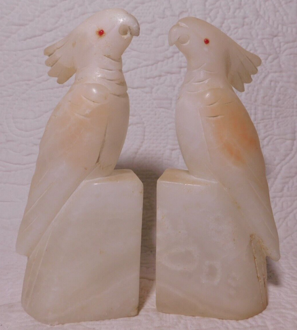 Vintage Italian White Alabaster COCKATOO Bookends Hand Carved 5.75 in