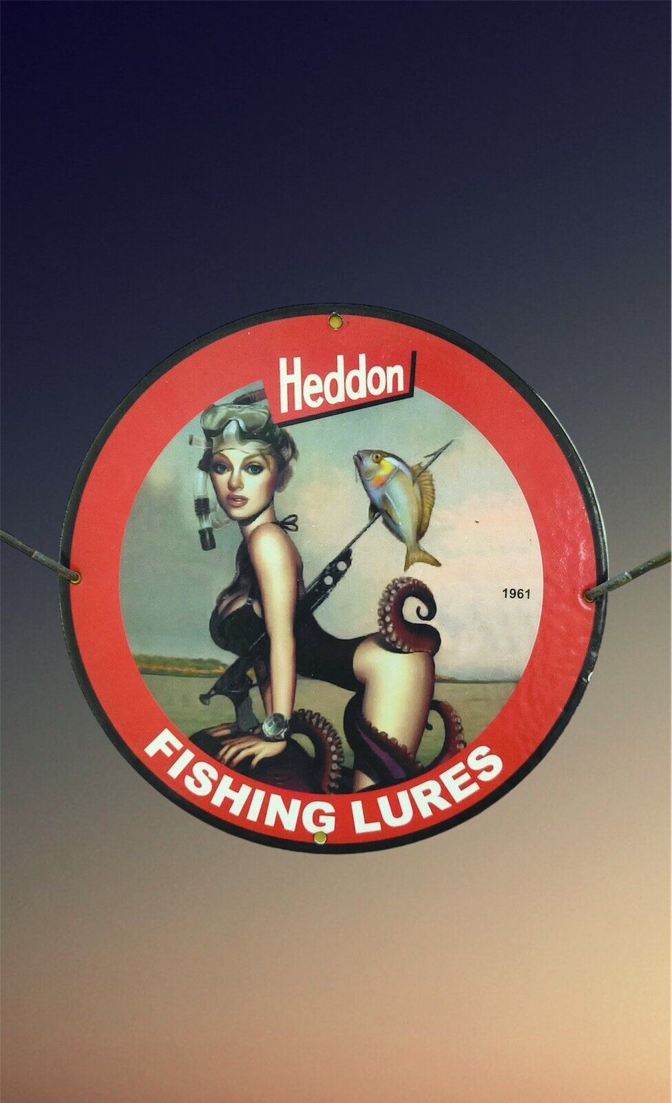 RARE HEDDON PINUP GIRL PORCELAIN FISHING LURES GAS OIL STATION PUMP PLATE SIGN