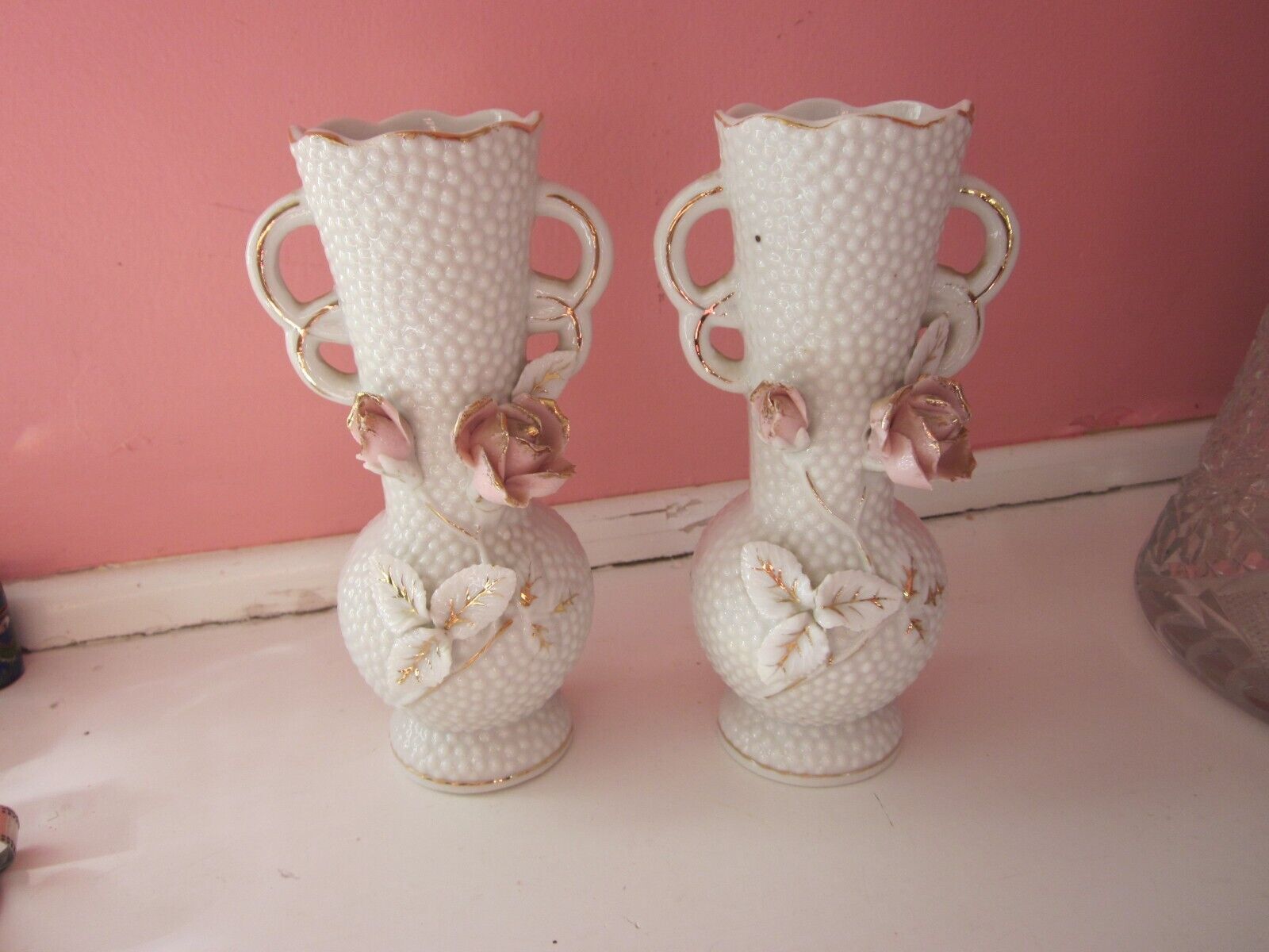 Two Vintage 52/176  Bud Vases 3D Flowers Porcelain