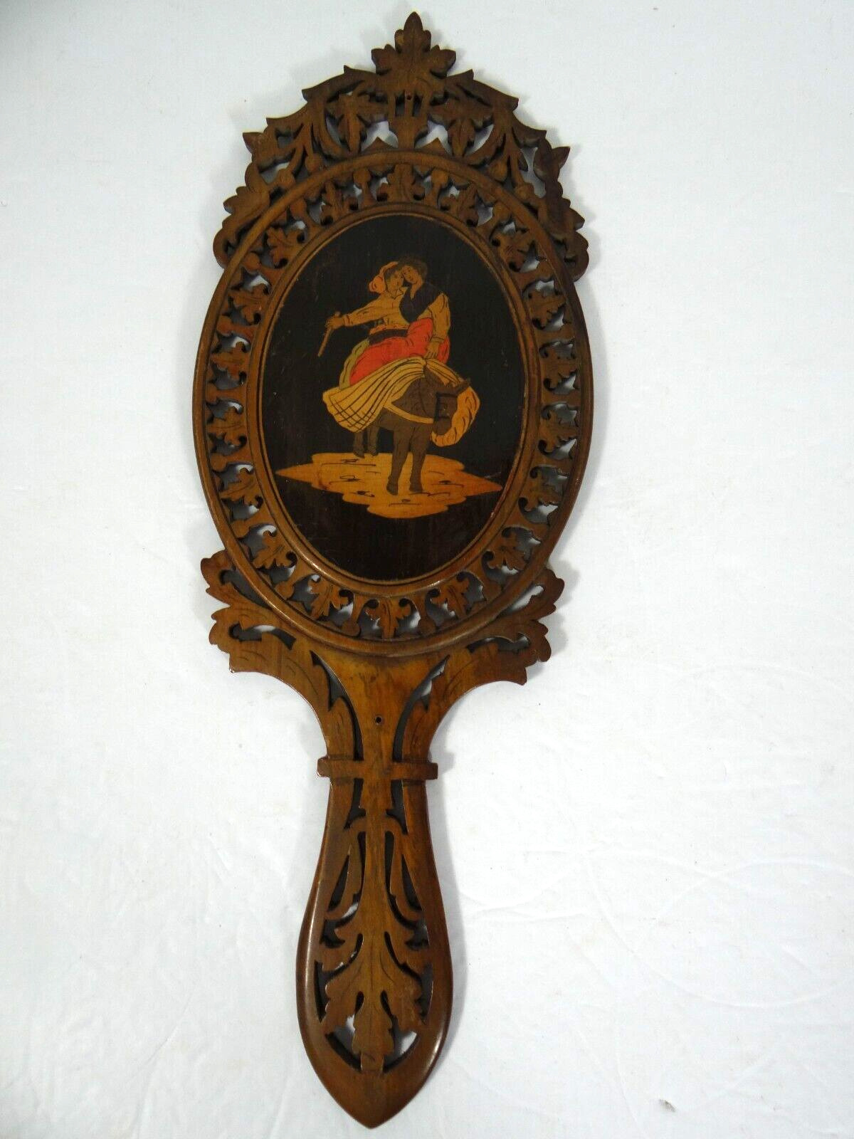 Vintage Inlaid Olive Wood Vanity Mirror Hand Held Carved