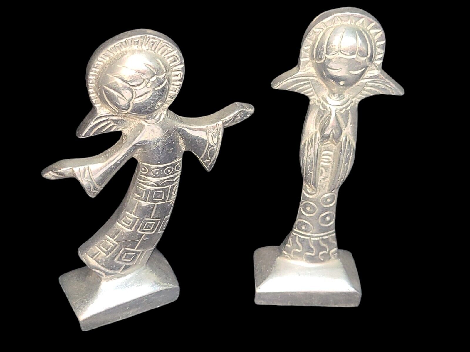 2 VINTAGE Brinson Collins Mexico Folk Art Metal Singing Angel Figurines 8 inch