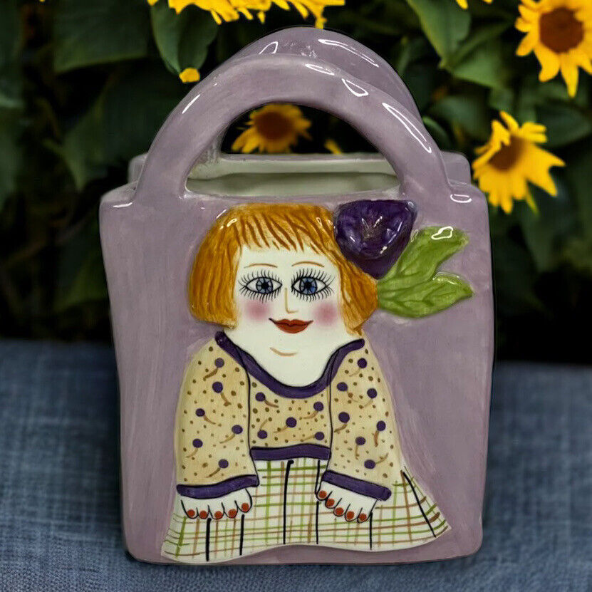 Susan Paley by Ganz Barbara 3D Ceramic Purple Planter Flower Vase Bag 6x4 in