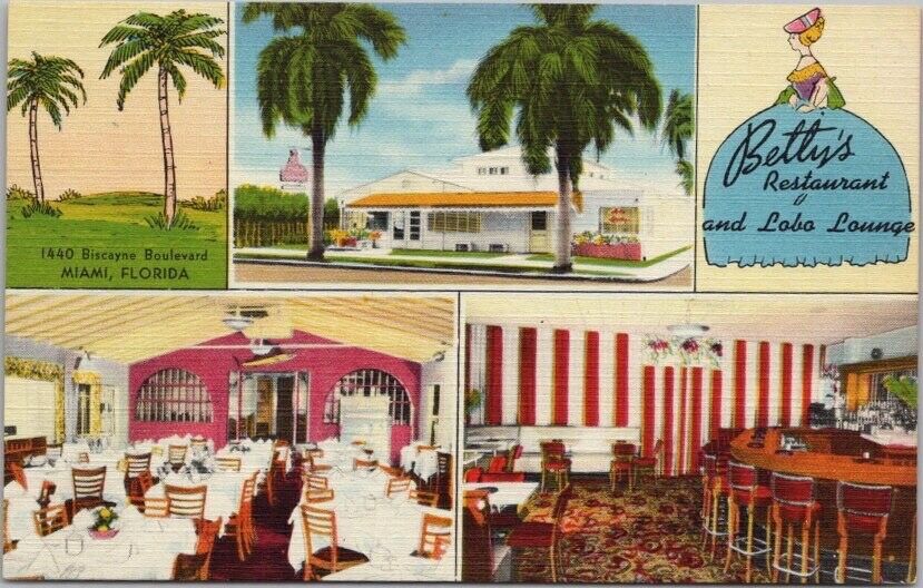 1950s MIAMI Florida Postcard BETTY'S RESTAURANT & LOBO LODGE Colourpicture Linen