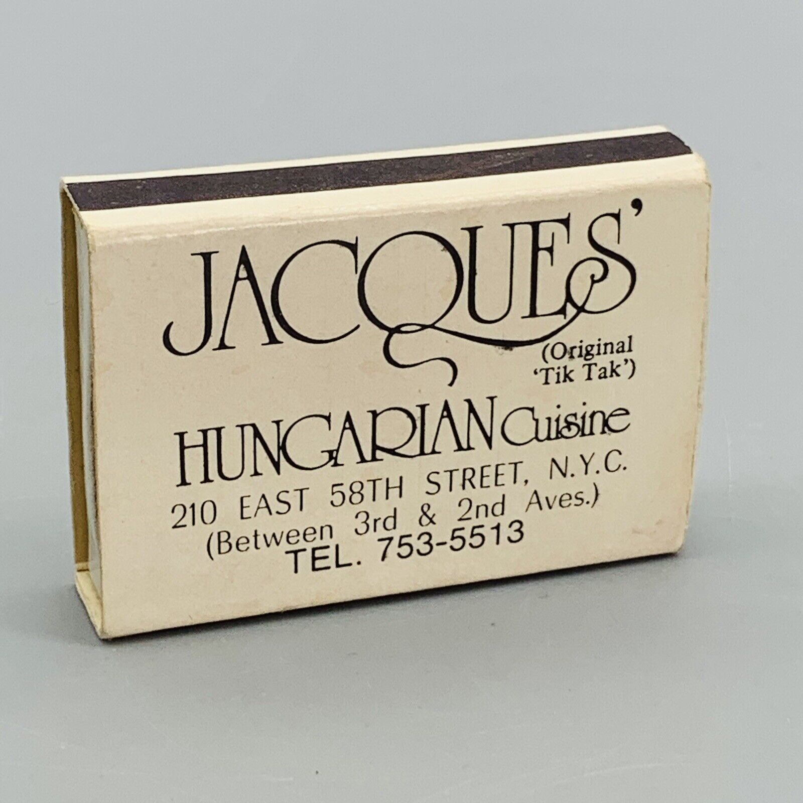 VTG Jacques' Hungarian Cuisine Piano Bar Original Tik Tak NYC Pocket Box Matches