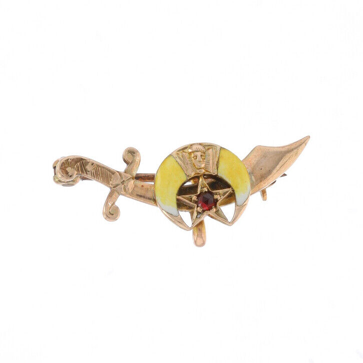 Yellow Gold Shriners Vintage Lapel Pin - 14k Garnet Sword & Crescent Masonic