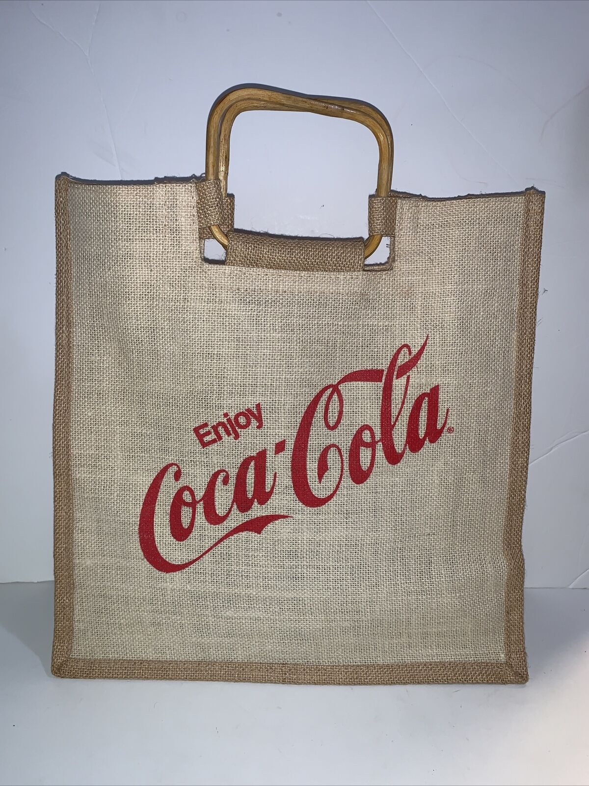 VTG Enjoy Coca-Cola Burlap Jute Beach Bag Handbag w Wood Bamboo Handles Lined