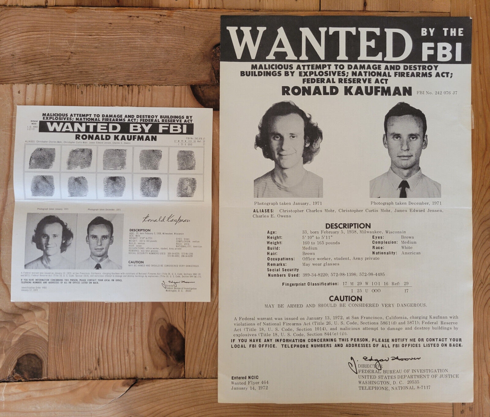 Weatherman Bank Bomber Yippie Ronald Kaufman - Original 1972 FBI Wanted Posters
