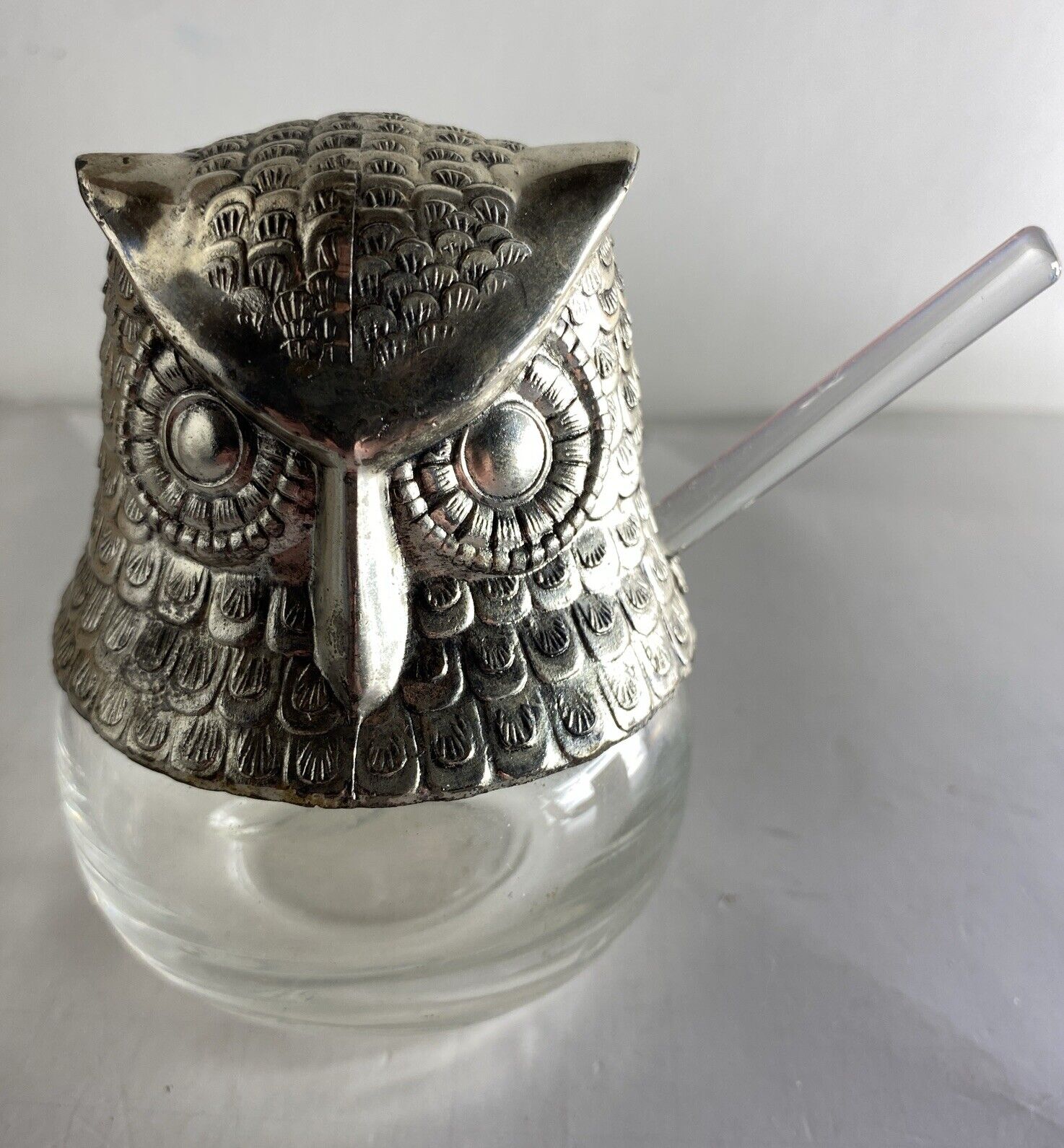 Vintage Avon Silver Owl Fancy Sugar Bowl Lid & Spoon 4”