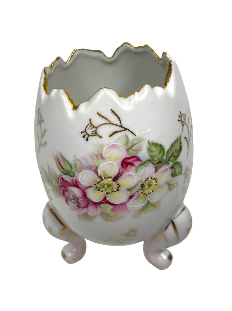 Inarco Cracked Egg Footed Planter Candy Holder Hand Painted Flowers E-116/M