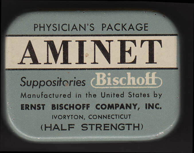 Aminet Suppositories by Bischoff empty tin Ivoryton CT Physician\'s Package 1930s