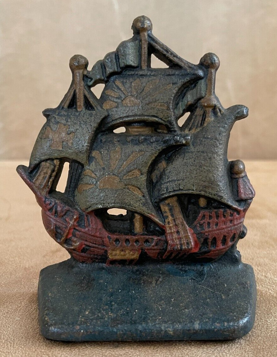 Vintage Cast Iron doorstop Galleon red green Mast sailing ship book end Spanish