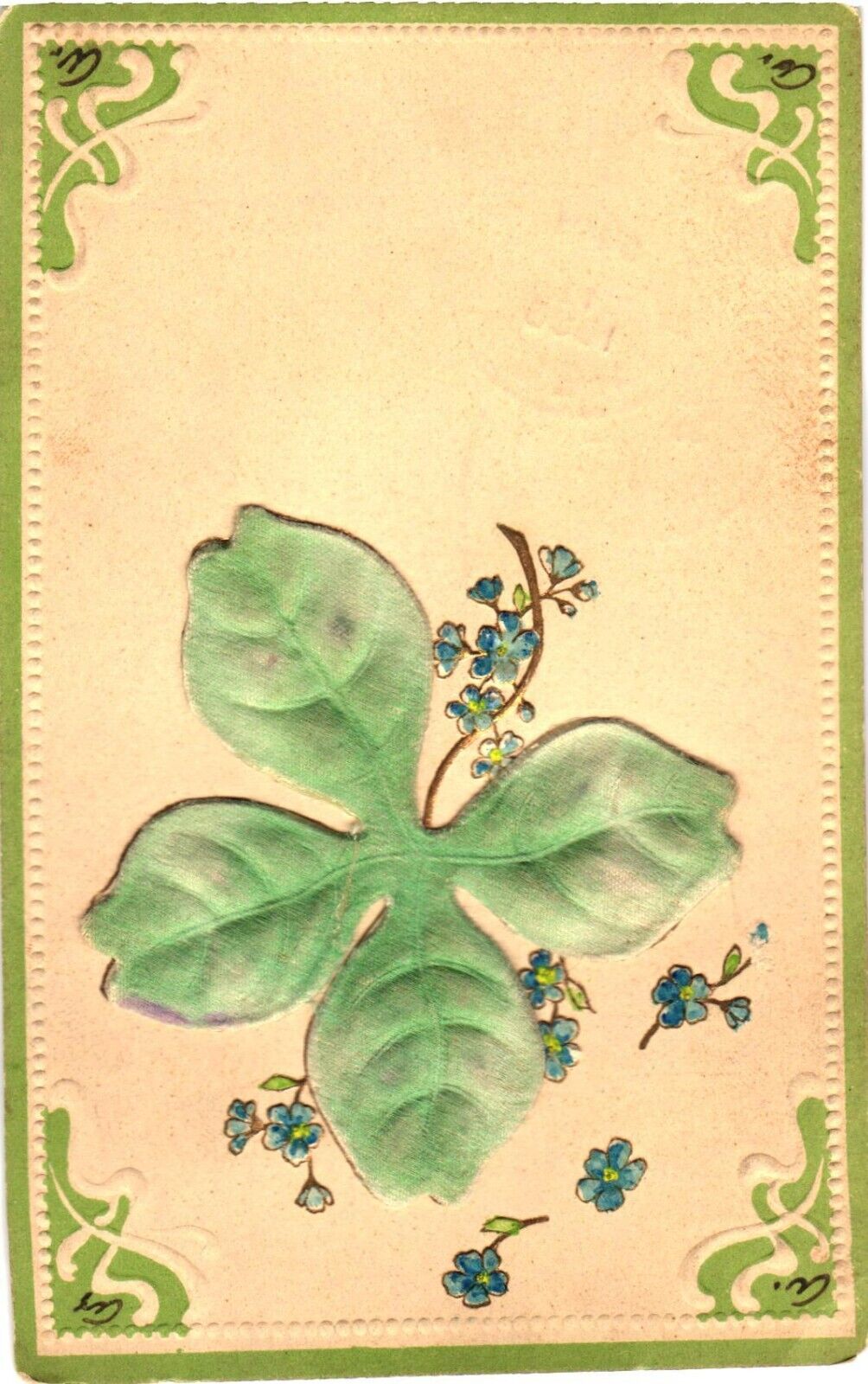 Beautiful Four Leaf With Small Blue Flowers, Embossed Postcard