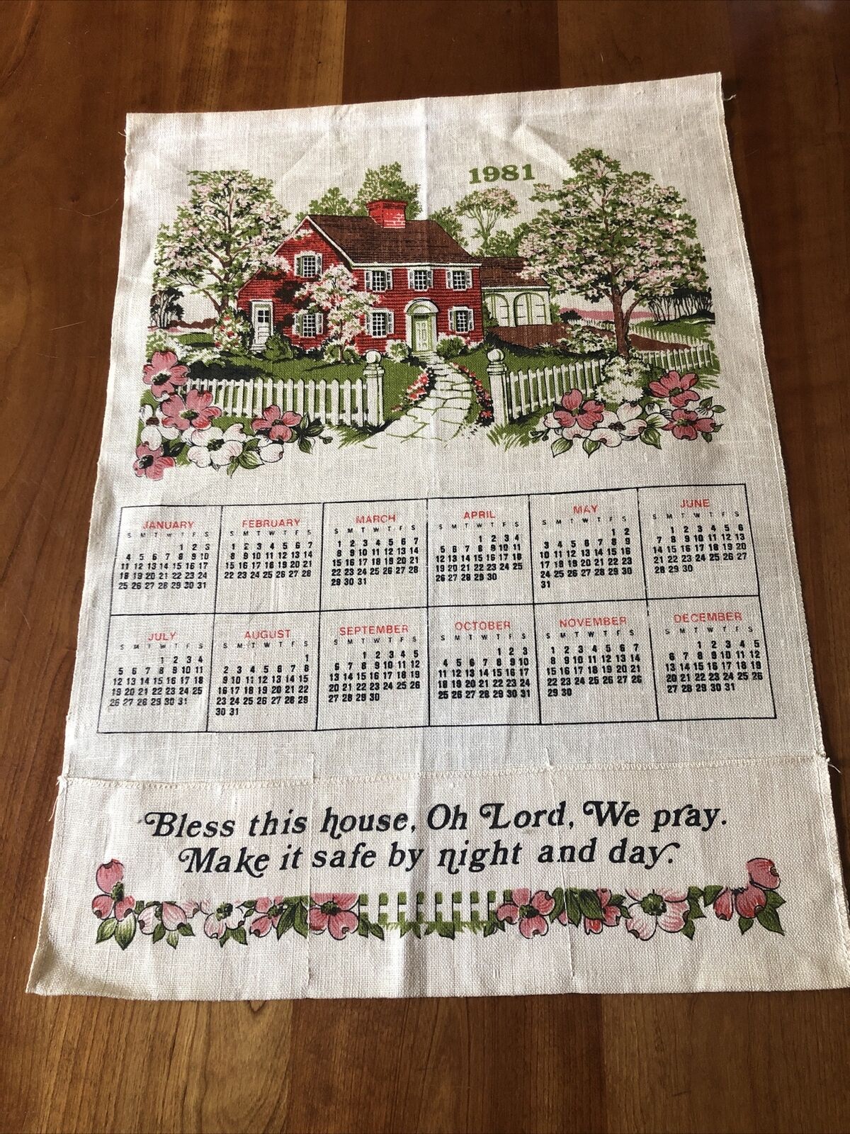 1981 Bless This House Prayer Tea Towel Linen Cloth Decorative Calendar Pockets