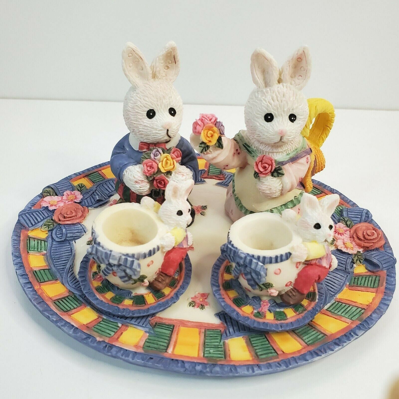 1995 Young's Inc. Miniature Mini Tea Set Bunny Rabbit Flowers Design 7 pc Easter