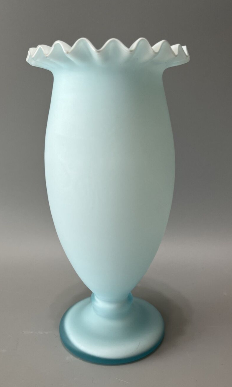 Vintage Burmese Aqua/Light Blue Frosted Case Glass Vase Crimped Ruffled Edge
