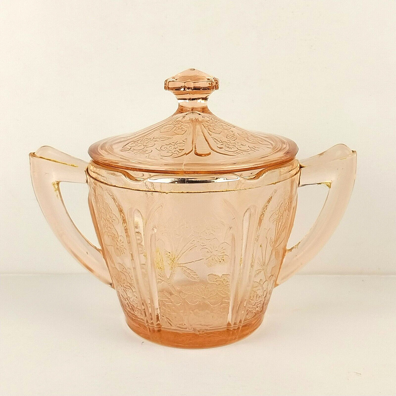 Vintage Jeanette Pink Depression Glass Sugar Bowl Floral With Lid handle