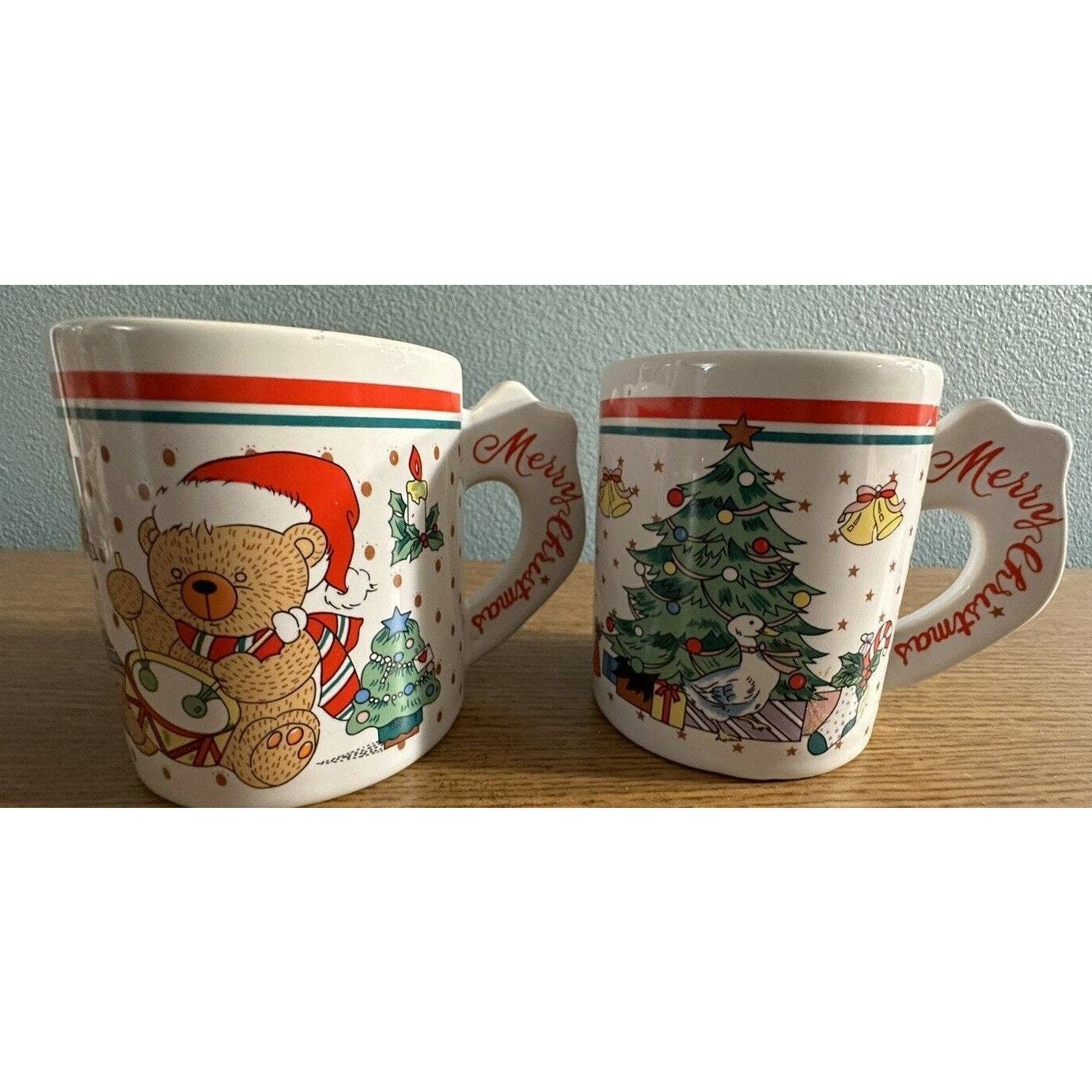 Vintage 1980s Enesco Merry Christmas Mug Set Teddy Bear Drumming & Goose Mugs