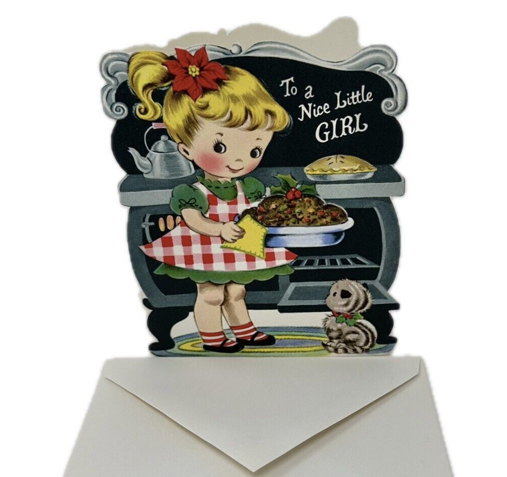 Vintage Child’s Christmas Card Girl Cookies Kitten W Envelope Die Cut UNUSED