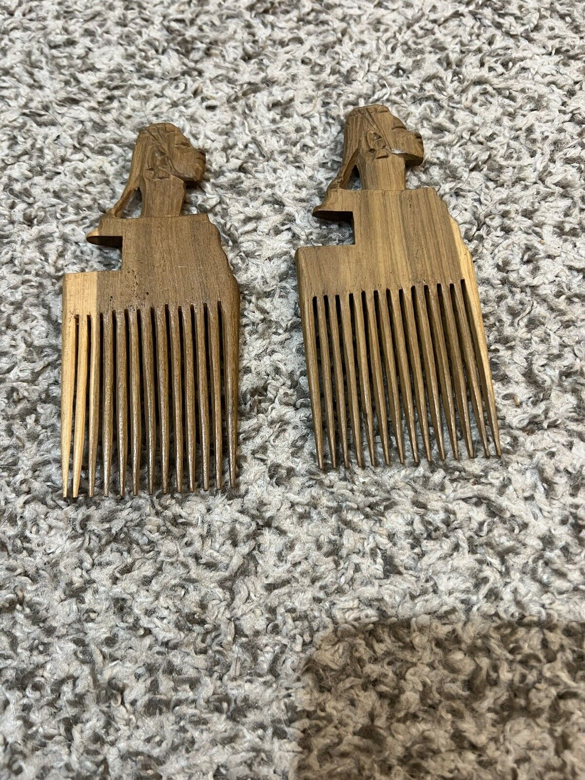 Vintage  Lot Of (2) African Hand Carved Wooden Hair Comb Afro Pick