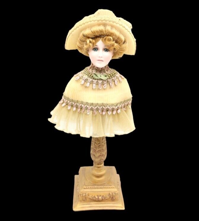 Victorian Blonde Hair Blue Eyes Doll Torso Bust With Hat On Stand 17.5
