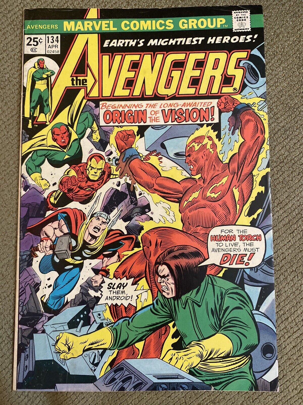 The Avengers #134, Vision\'s Origin, Mantis Origin, 1975 FN Marvel Comics