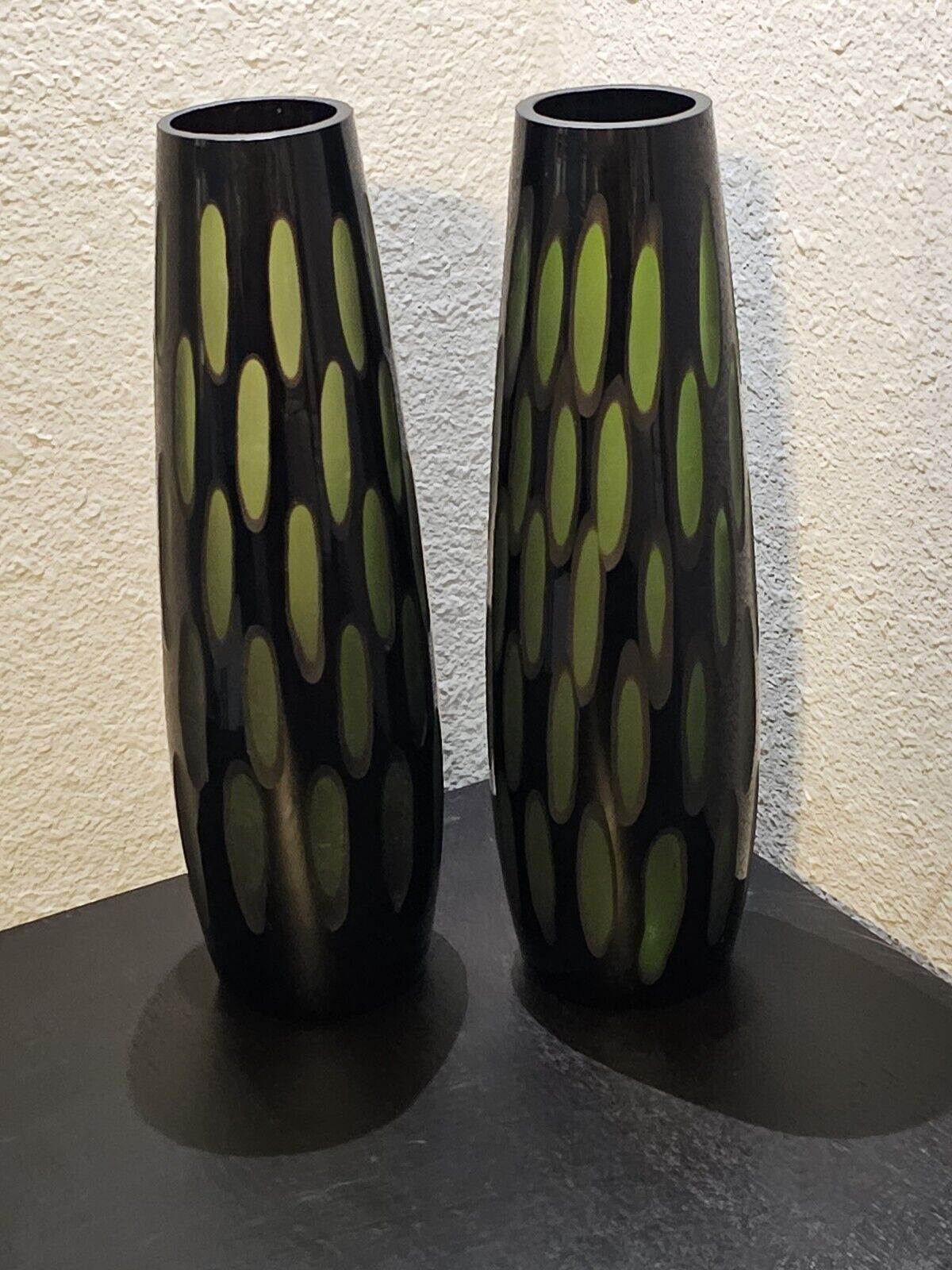 Pair Of Mid Century Tall Green Cut Murano Cased Glass Vases