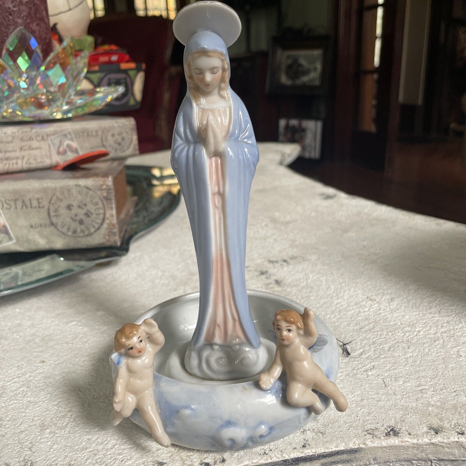 Vintage Blessed Mother Mary Angels Holy Water Font Blue Danube Japan Madonna