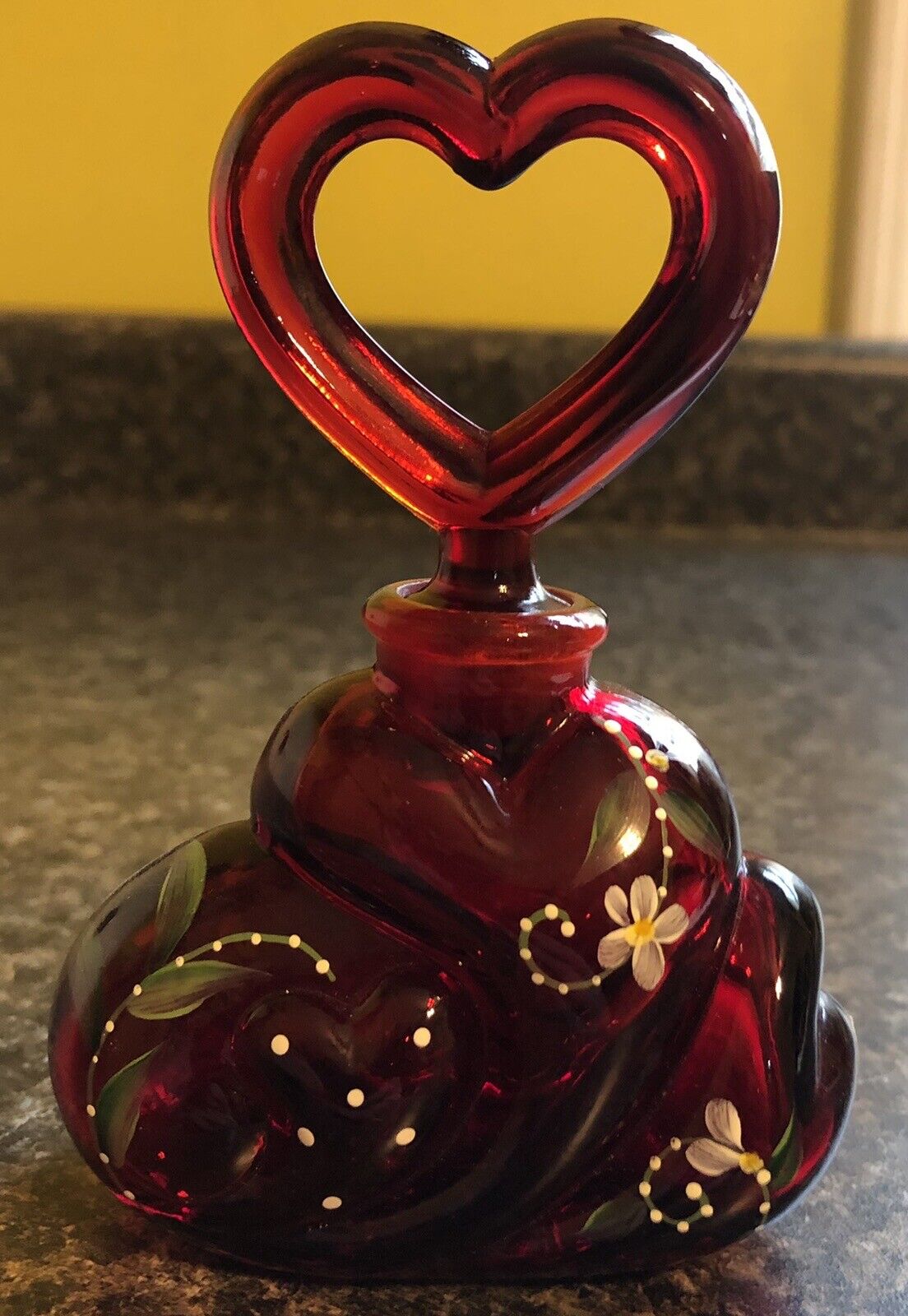 Fenton USA Handpainted Floral Red Glass Perfume Bottle W/ Heart Stopper