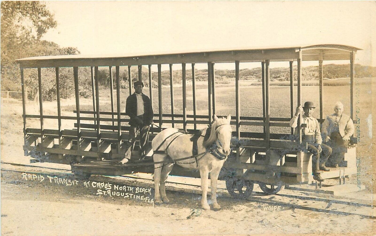 Postcard RPPC C-1910 Florida St. Augustine Horse Drawn trolley track 23-12014
