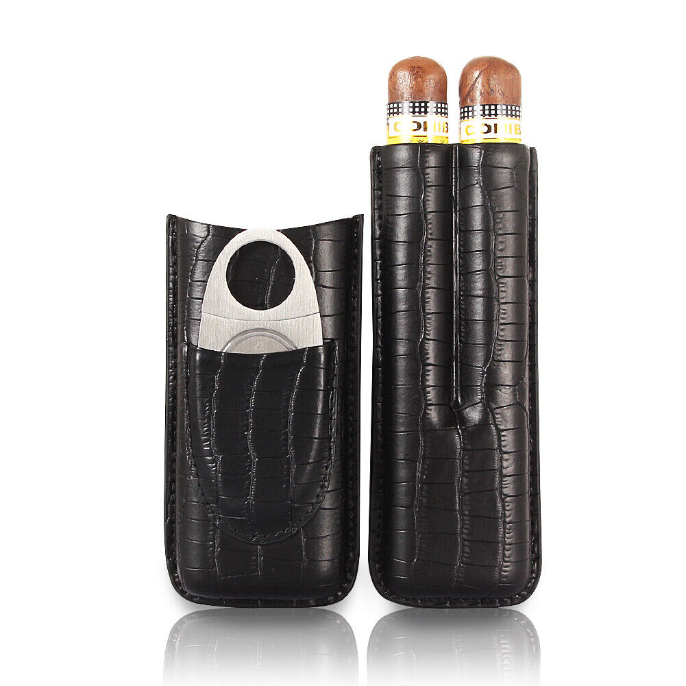 Galiner Leather Cigar Case Holder Cigar Cutter 2 Cigars Travel Case W/ Gift Box