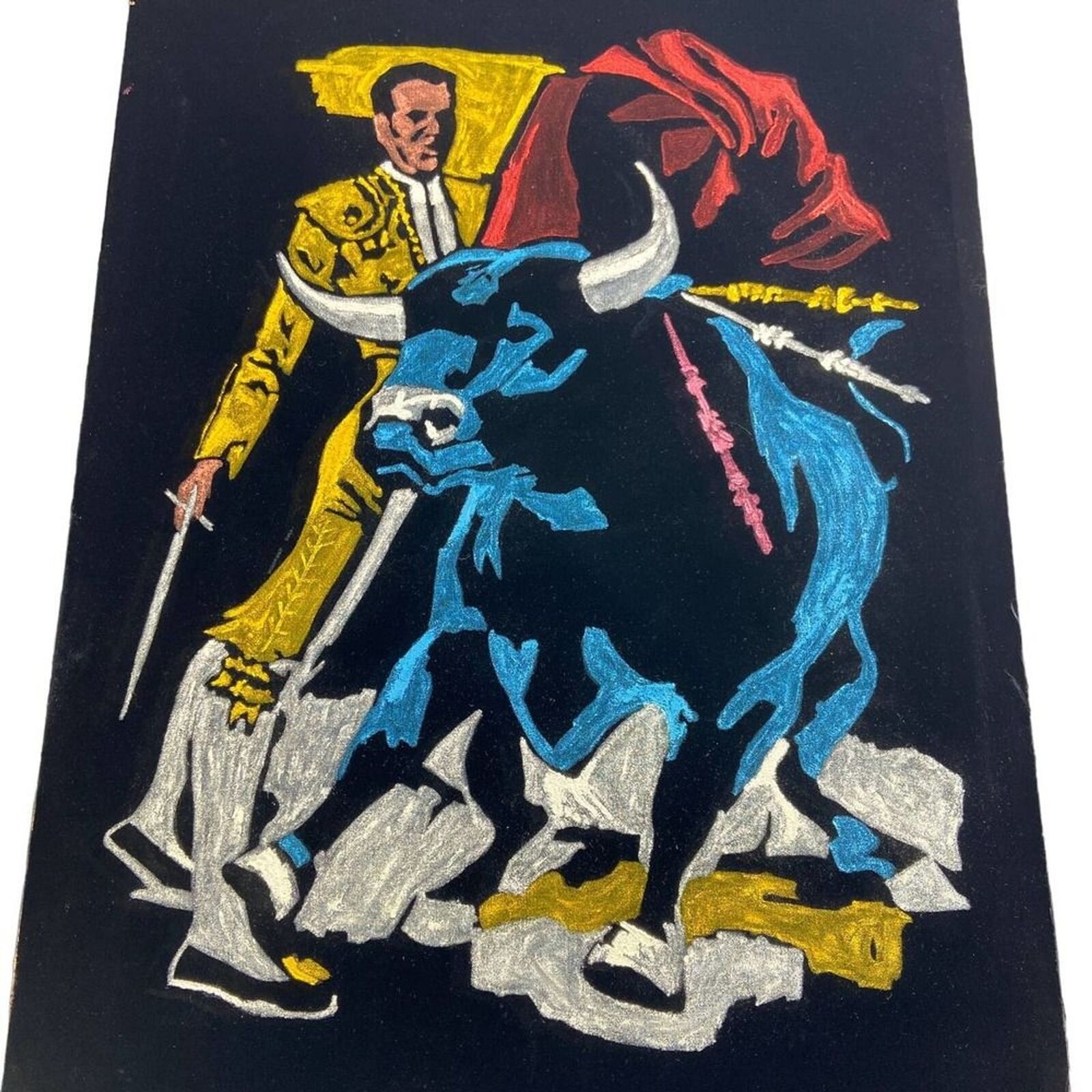 Vintage Matador Bull Fighting Black Velvet Painting Framed 21x27