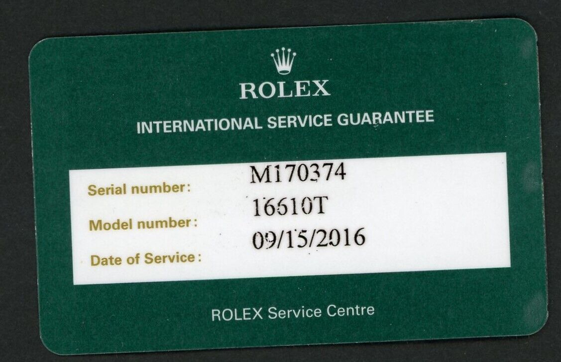 Rolex Submariner 16610 International Genuine Guarantee Certificate 2016 Service