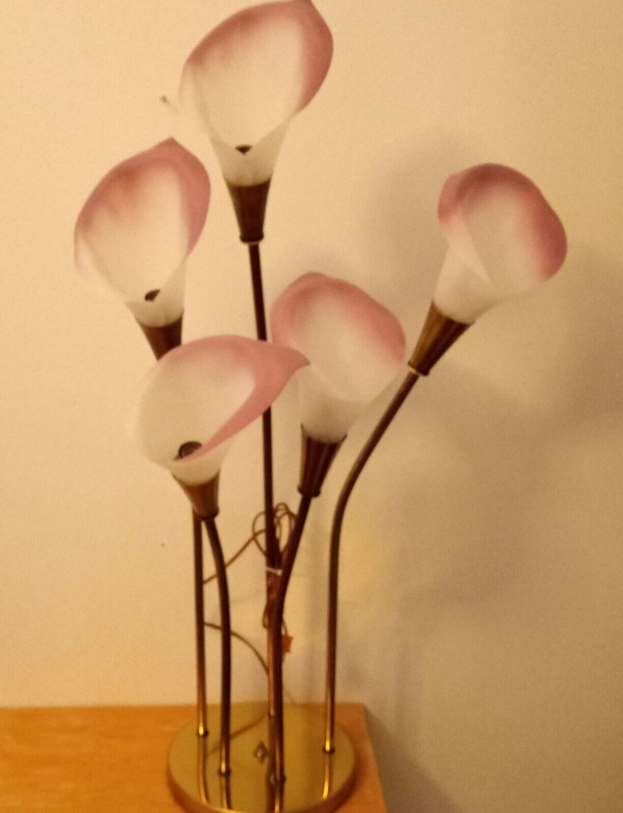 Vintage 1970s 5 Stem Brass Pink Calla Lily Table Lamp 36