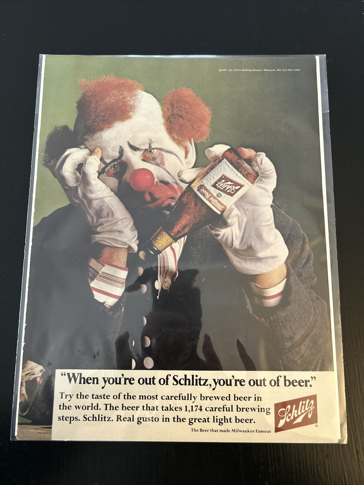 1967 Schlitz Beer Sad Clown Out Of Beer Magazine Print Ad