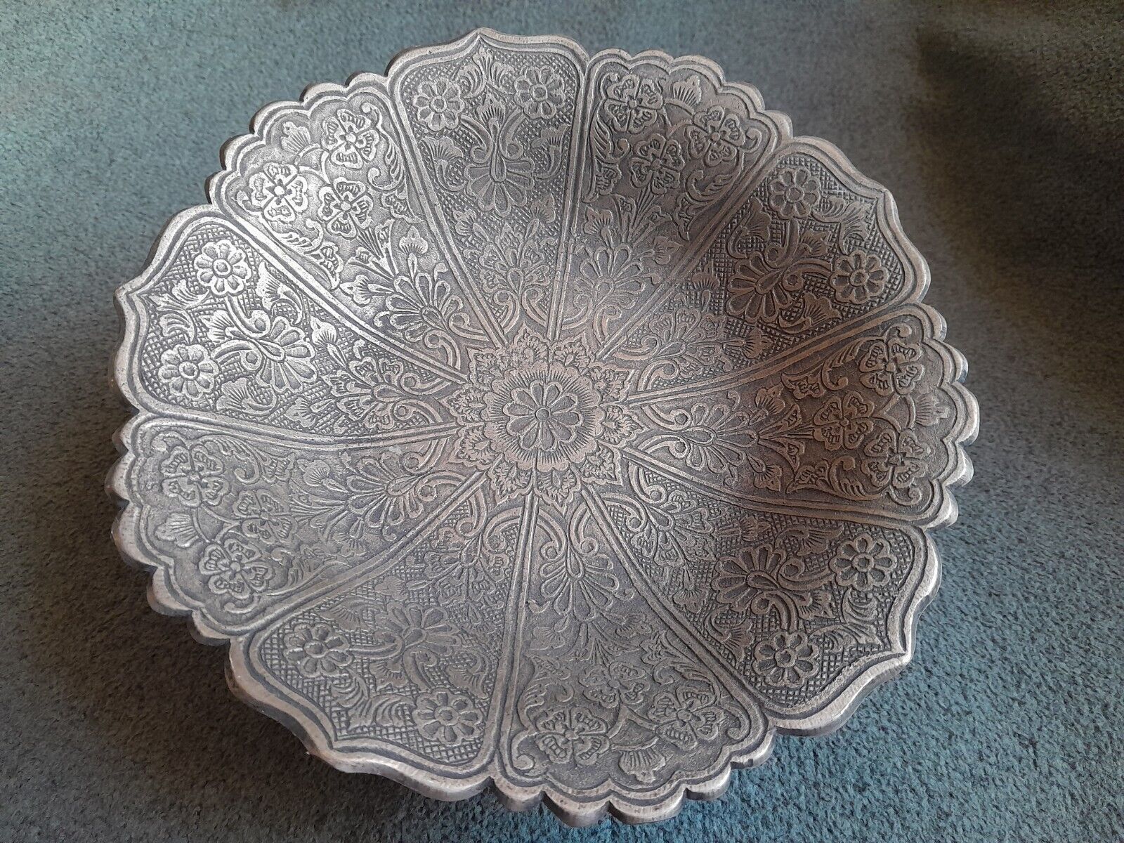 Vintage Footed Ornate Turkish Etched Metal Silverplate Floral Bowl 7.5\