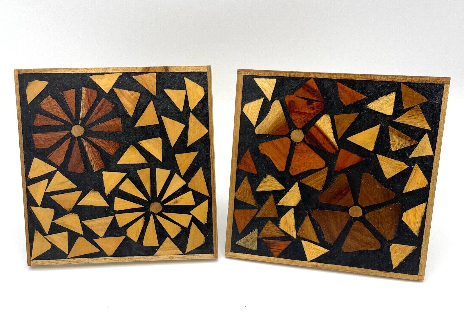 Olga Fisch Folklore Wooden Trivets w/ Inlaid Wood in Geometric Pattern, Set of 2